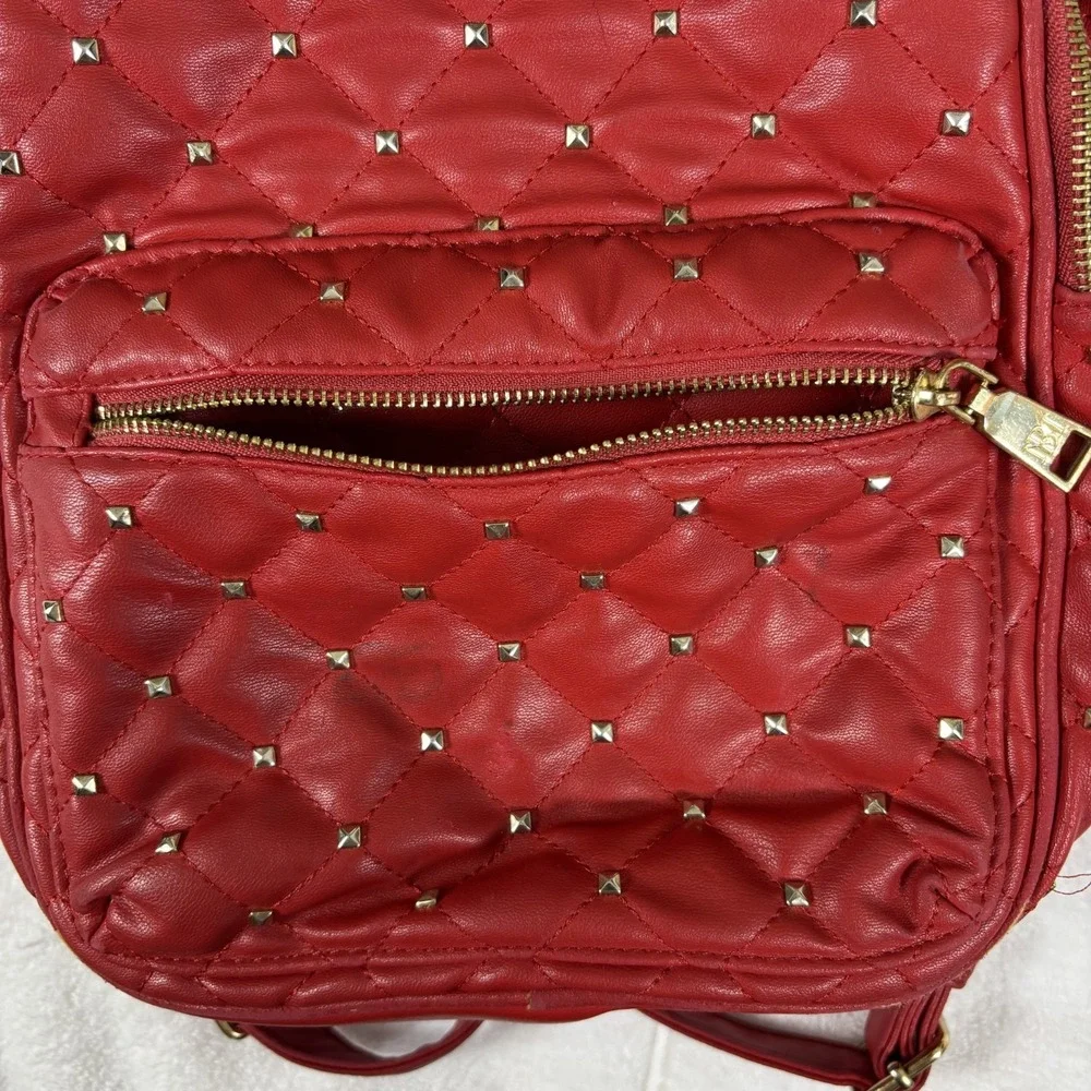 Badgley Mischka Backpack Womens Small Red Quilted Studded‎ BM Logo Edgy Designer